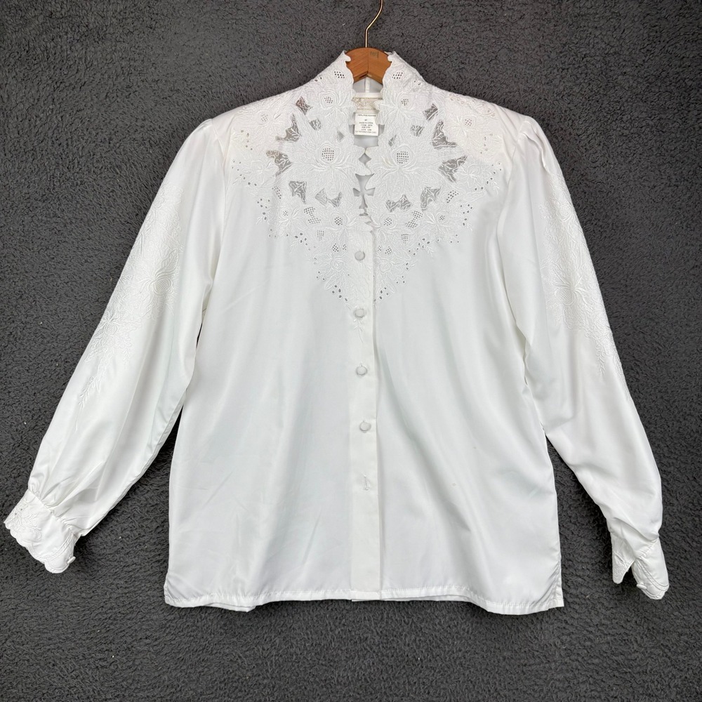 Maurada Vintage White Lace Embroidered Long Sleeve Button‎ Up Blouse 8P 39716